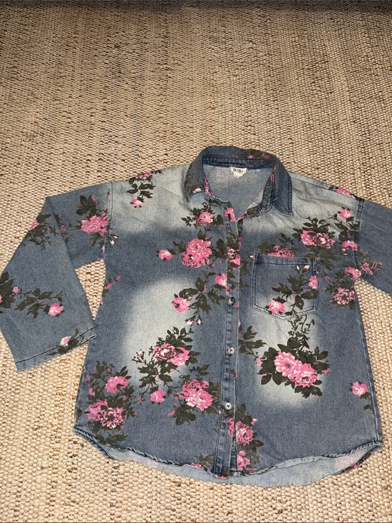 BiBi Jackets & Blazers - Floral Denim Button-Up Jean Shirt with Pink Roses. Rustic western cowgirl rodeo